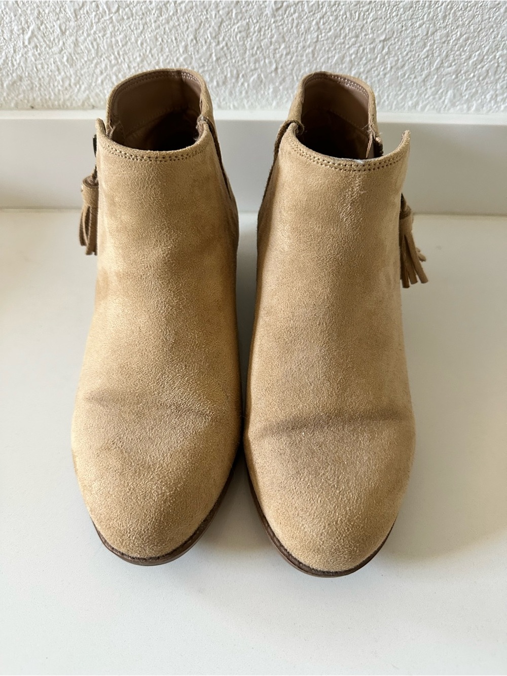 Zodiac Tan Suede Ankle Booties with Tassel Accent